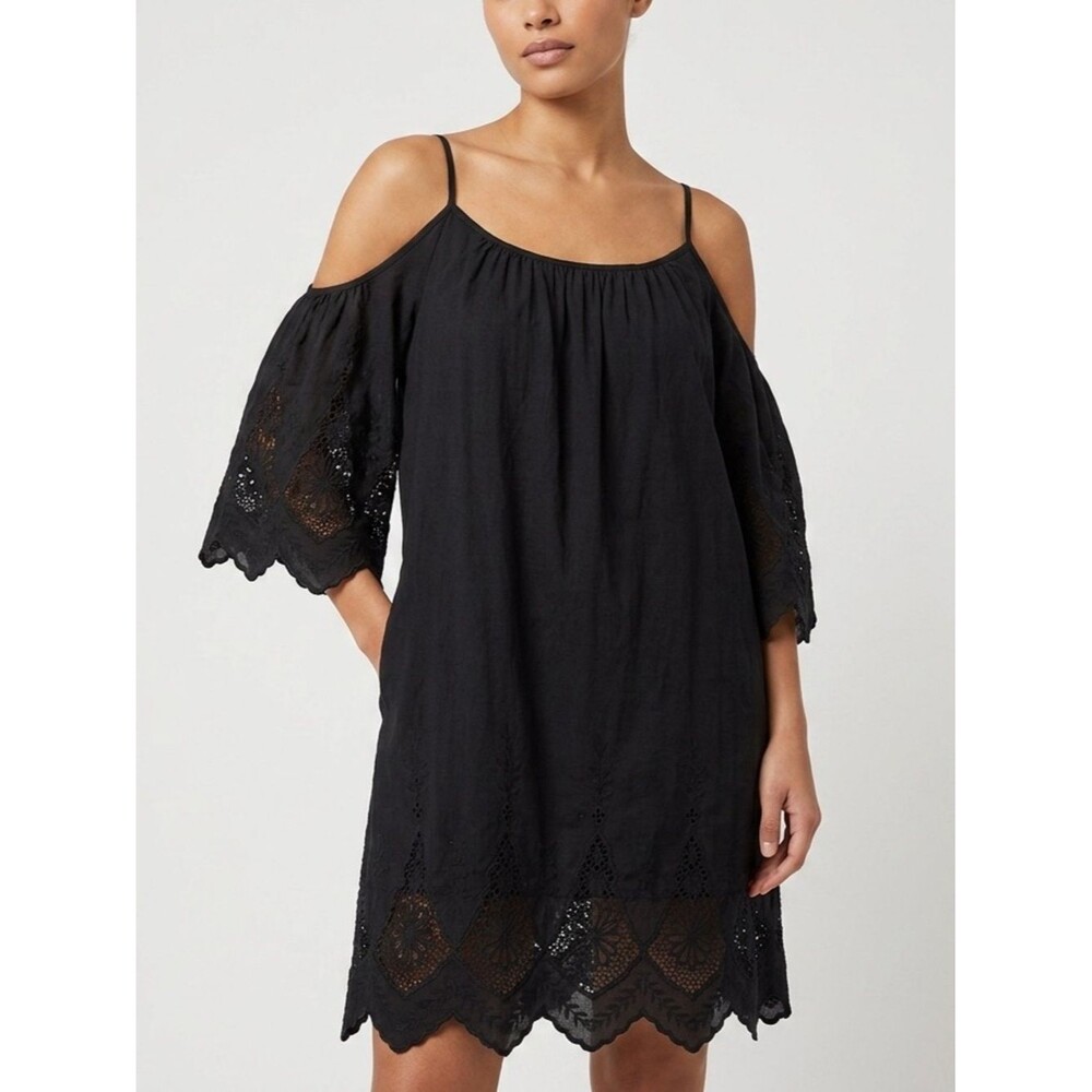 4SIZNNAI Black Cold Shoulder Eyelet Lace Boho Mini Dress Cutout Summer Pockets M
